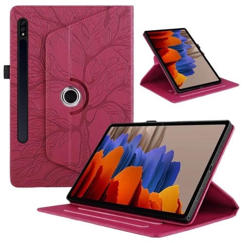 Funda de Cuero Samsung Galaxy Tab S9/S9 FE con Rotación y Relieve Tree Life (Roja)