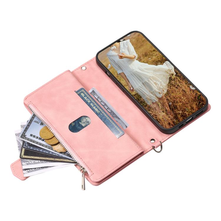 Funda de Cuero con Cremallera para iPhone 16E Textura Cuadrícula con Cordón (Oro Rosa)