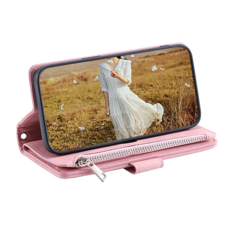 Funda de Cuero con Cremallera para iPhone 16E Textura Cuadrícula con Cordón (Oro Rosa)