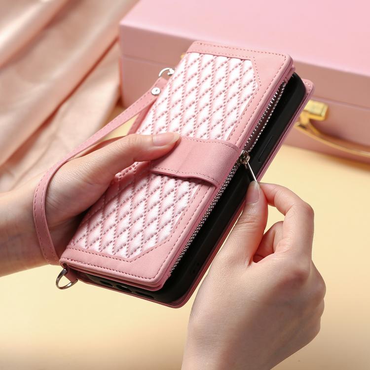 Funda de Cuero con Cremallera para iPhone 16E Textura Cuadrícula con Cordón (Oro Rosa)