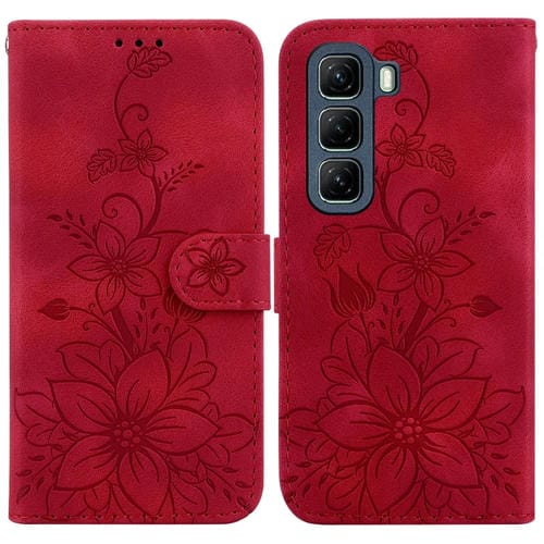 Funda de Cuero con Relieve de Lirio para Infinix Hot 50 5G (Roja)