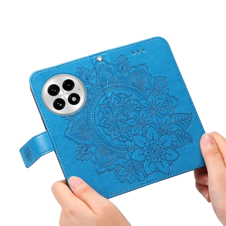 Funda de Cuero con Relieve Flores de Siete Pétalos para OnePlus 13 (Azul)