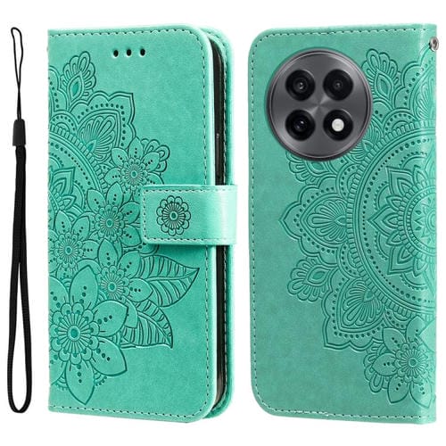 Funda de Cuero con Relieve de Flores de Siete Pétalos para OnePlus 13R Ace 5 Ace 5 Pro (Verde)