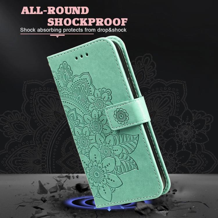 Funda de Cuero con Relieve de Flores de Siete Pétalos para OnePlus 13R Ace 5 Ace 5 Pro (Verde)