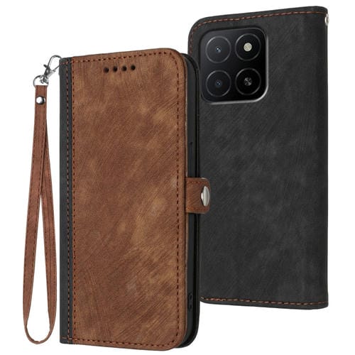 Funda de Cuero para Honor X5B y X5B Plus con Correa de Mano y Hebilla Lateral (Marrón)