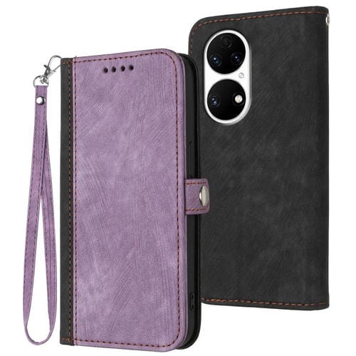Funda de Cuero para Huawei P50 con Correa de Mano y Hebilla Lateral Doble (Morado)