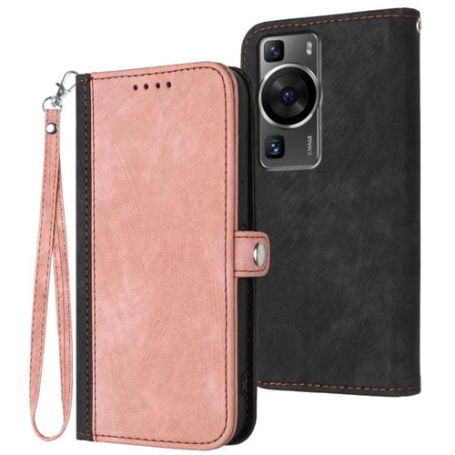 Funda de Cuero para Huawei P60 y P60 Pro con Correa de Mano y Hebilla Lateral Doble Plegable (Rosa)