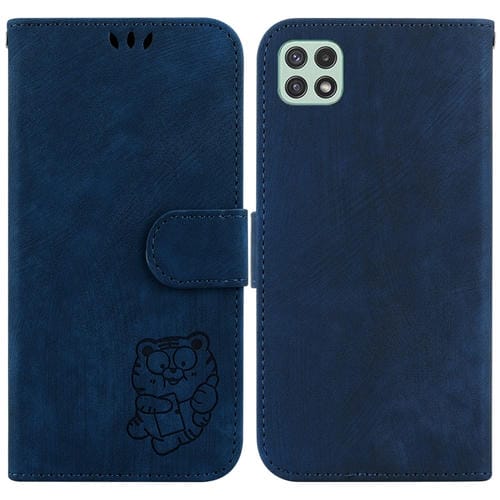 Para Samsung Galaxy A22 5G Funda de cuero con relieve Little Tiger (azul oscuro)