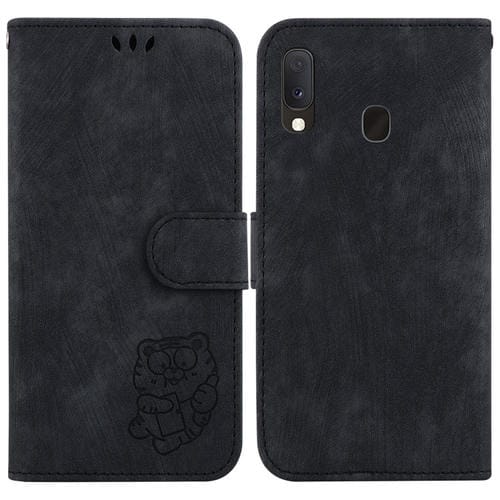 Para Samsung Galaxy A10e / A20e Funda para teléfono de cuero con relieve Little Tiger (negro)