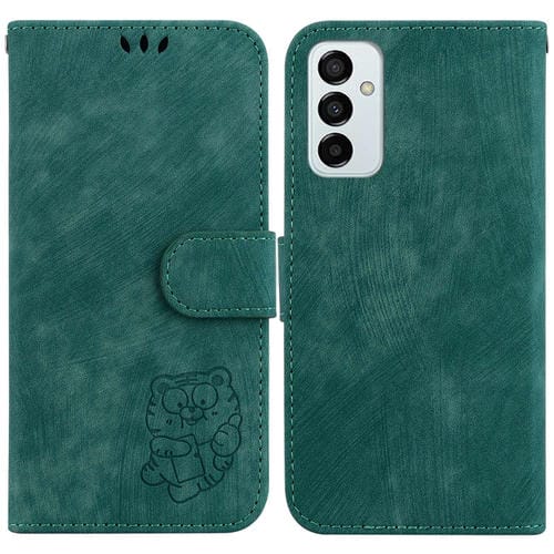 Para Samsung Galaxy M23 / F23 Funda para teléfono de cuero con relieve Little Tiger (verde)
