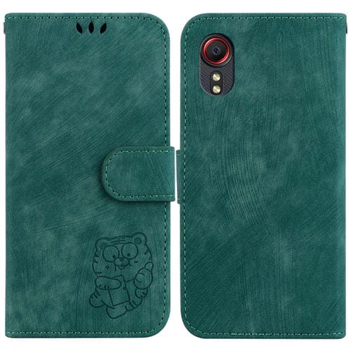 Para Samsung Galaxy Xcover 5 Funda para teléfono de cuero con relieve Little Tiger (verde)