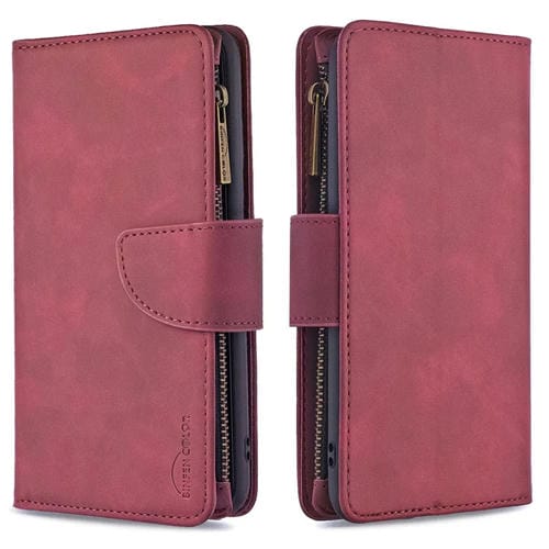 Estuche de Cuero PU para Samsung Galaxy A50 A30S A50S con Cremallera Magnética Desmontable Tapa Horizontal Ranuras Tarjetas Soporte Billetera Marco Fotos Cordón (Rojo)