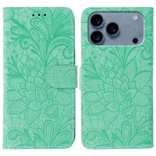 Funda de cuero con tapa y estampado floral de encaje para iPhone 17 Pro Max (verde)