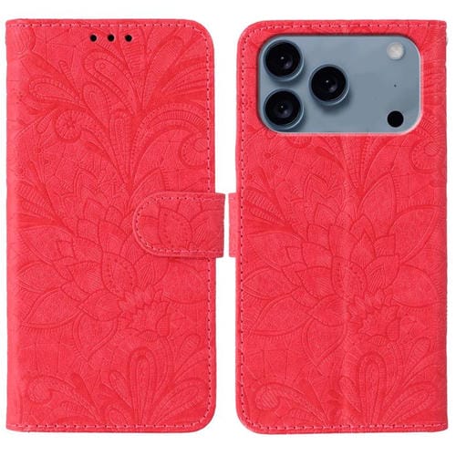 Funda de cuero con tapa y estampado floral de encaje para iPhone 17 Pro Max (roja)