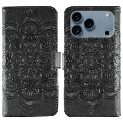 Funda de cuero con estampado de mandala solar para iPhone 17 Pro Max (negra)