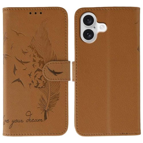 Funda de piel con textura de lichi y diseño de plumas para iPhone 17 (marrón)
