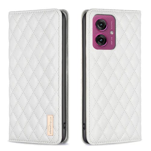 Funda de Cuero Magnética con Tapa Tipo Diamante para Motorola Moto G55 (Blanca)