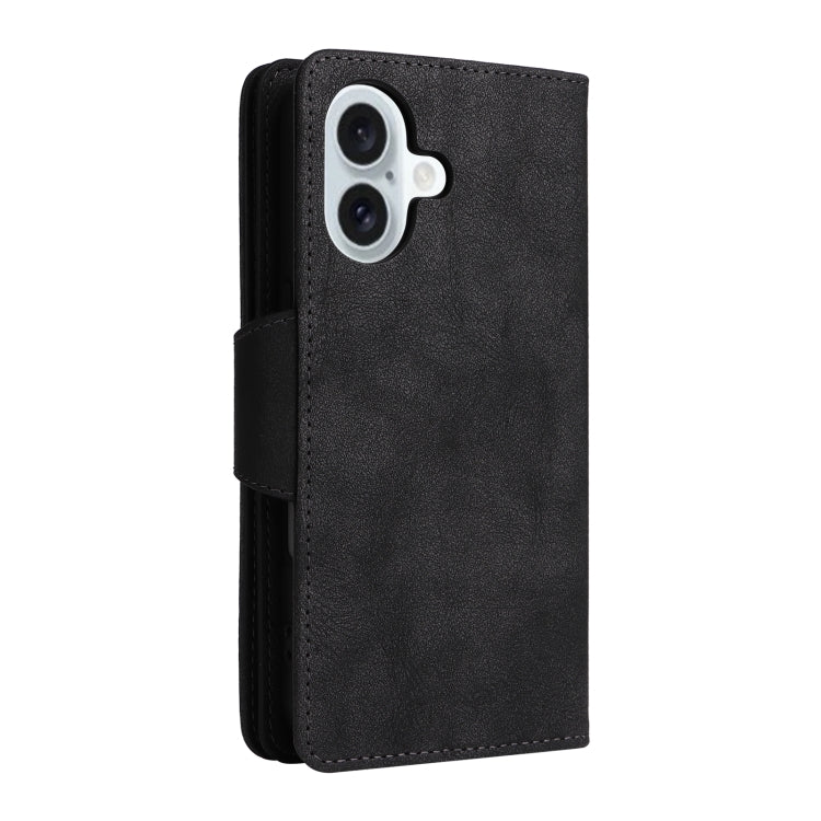 Funda de Cuero para iPhone 16 Plus con Tres Pliegues y Hebilla de Remache (Negro)