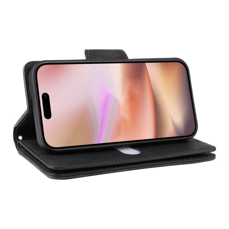 Funda de Cuero para iPhone 16 Plus con Tres Pliegues y Hebilla de Remache (Negro)