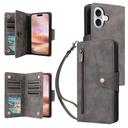 Funda de Cuero iPhone 16 Plus con Tres Pliegues y Hebilla de Remache (Gris)