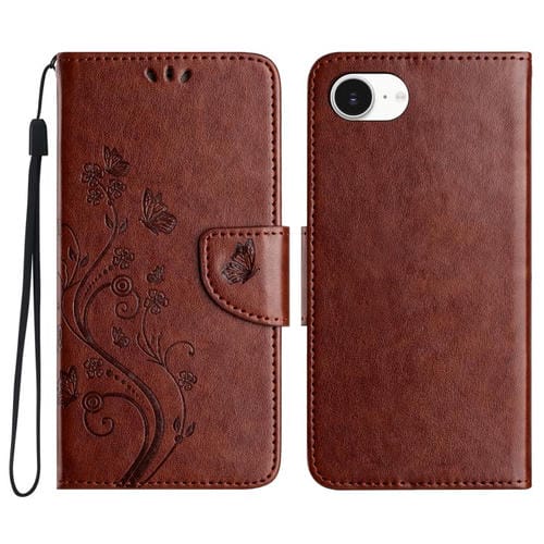 Funda de Cuero con Tapa para iPhone 16E Diseño Flores y Mariposas (Marrón)