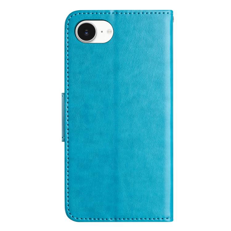 Funda de Cuero con Tapa para iPhone 16E Diseño de Flores y Mariposas (Azul)
