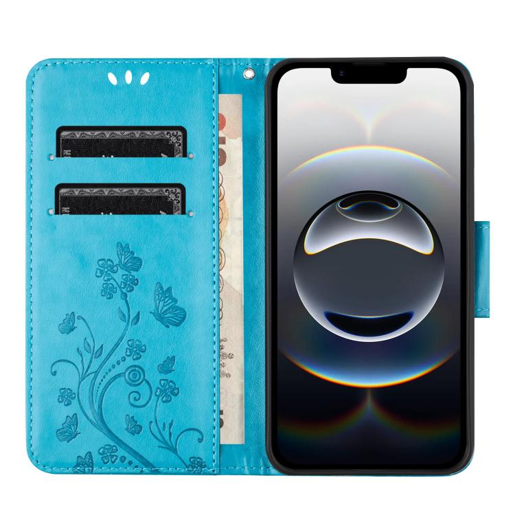 Funda de Cuero con Tapa para iPhone 16E Diseño de Flores y Mariposas (Azul)