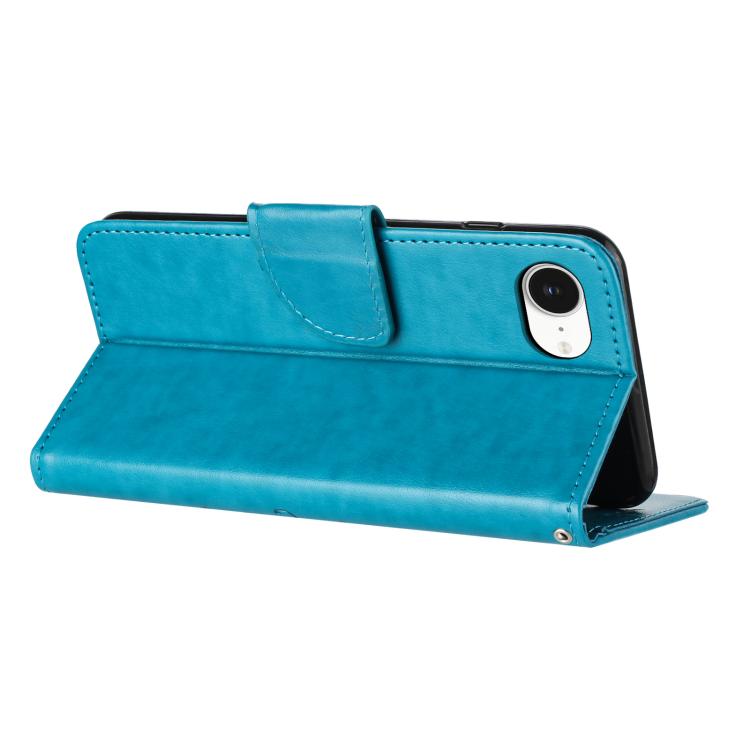 Funda de Cuero con Tapa para iPhone 16E Diseño de Flores y Mariposas (Azul)