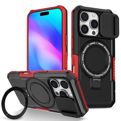Funda híbrida TPU y PC con Soporte Magsafe y Protección Deslizante para iPhone 16 Pro (Negro y Rojo)