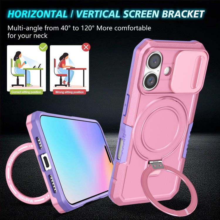 Funda híbrida TPU y PC con soporte Magsafe y protección deslizante para iPhone 16 Plus (Morado y Rosa)