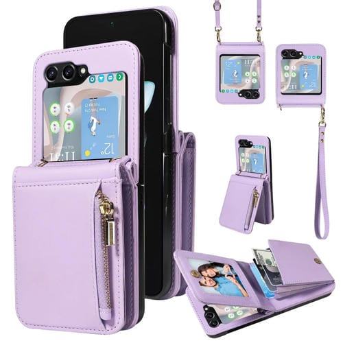 Funda para Samsung Galaxy Z Flip5 5G Crossbody Lanyard Zipper Wallet de Cuero (Púrpura)