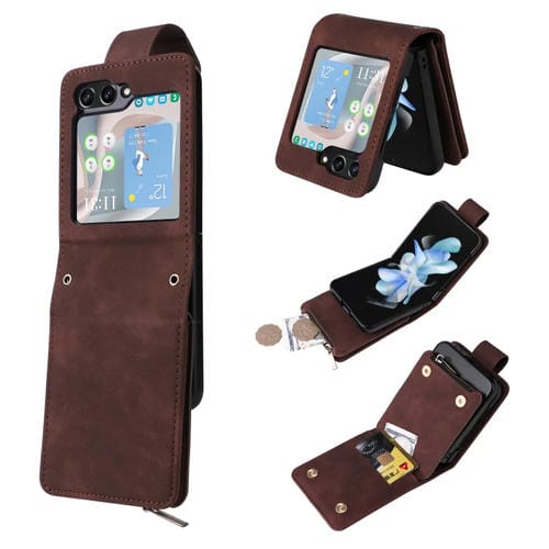 Funda para Samsung Galaxy Z Flip5 5G Crossbody de Cuero con Ranura para Tarjetas y Cremallera (Café)