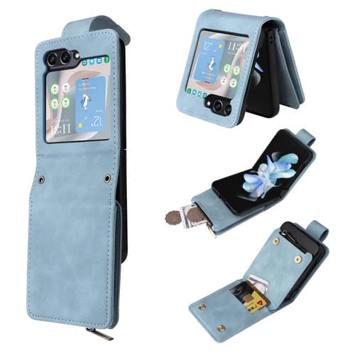 Funda para Samsung Galaxy Z Flip5 5G Crossbody Cuero con Ranura para Tarjetas y Cremallera (Azul Claro)