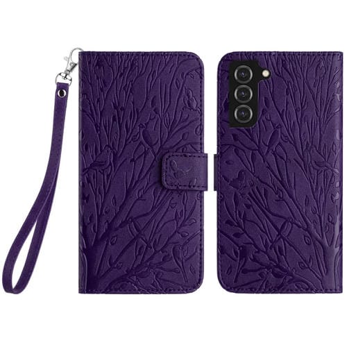 Funda para Teléfono Samsung Galaxy S22+ 5G Cuero Patrón En Relieve Pájaros y Árboles (Púrpura)