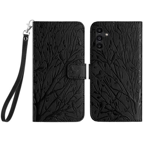 Funda para Teléfono Samsung Galaxy A14 Cuero Patrón En Relieve Tree Birds (Negro)