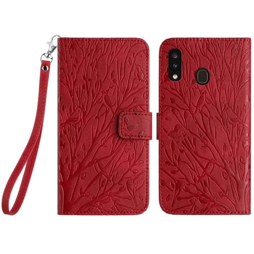 Funda para Teléfono Samsung Galaxy A20 A30 Cuero Patrón En Relieve Tree Birds (Rojo)