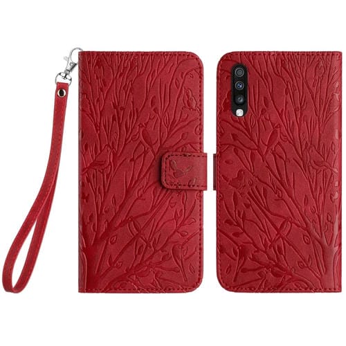 Funda para Teléfono Samsung Galaxy A50 Cuero Patrón En Relieve Tree Birds (Rojo)
