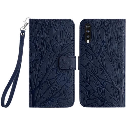 Funda para teléfono Samsung Galaxy A70 Cuero Patrón en Relieve Tree Birds (Azul)