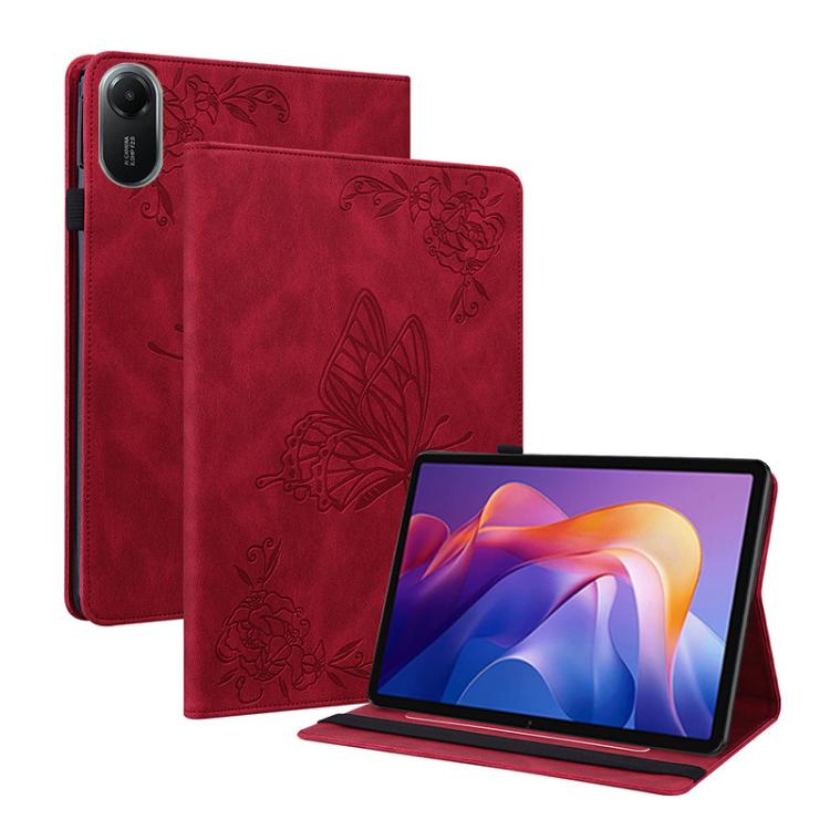 Funda de cuero con estampado de mariposas y flores para Redmi Pad 2 / Redmi Pad SE 11 2025 (roja)