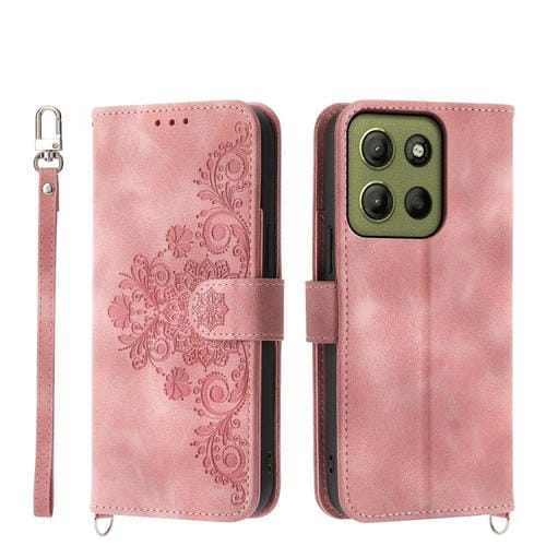 Funda de Cuero Tipo Billetera Motorola Moto G15 con Flores en Relieve (Rosa)