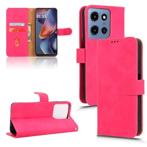 Funda de Cuero con Tapa Magnética y Tacto Suave para Motorola Moto G 5G (2025) (Rosa y Rojo)
