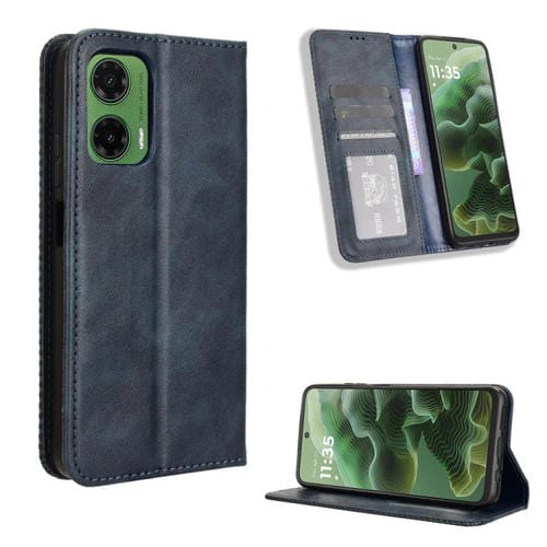 Funda de Cuero Motorola Moto G35 5G con Textura Retro y Hebilla Magnética (Azul)