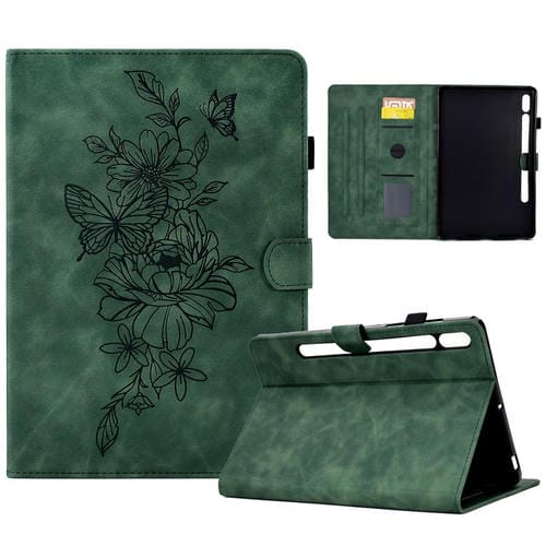 Funda de cuero con relieve de mariposa peonía para Samsung Galaxy Tab S10 FE+ (verde)
