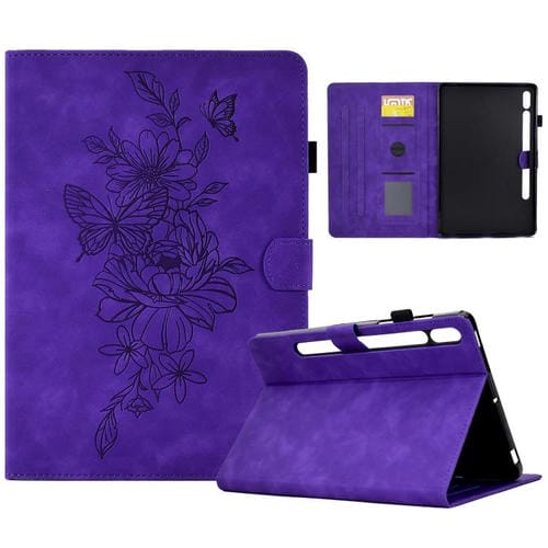 Funda de cuero con relieve de mariposa y peonía para Samsung Galaxy Tab S10 FE+ (morado)