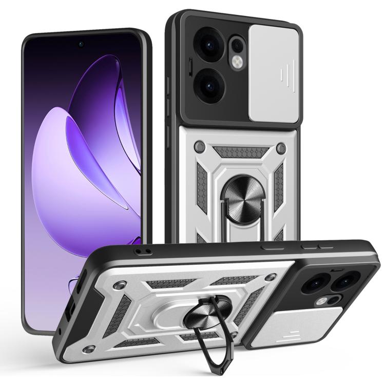 Funda Híbrida de TPU y PC con Diseño de Cámara Deslizante para Oppo Reno13 F 4G/5G (Plateada)