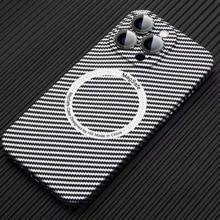 Funda para iPhone 16 Pro Fibra de Carbono con Imán Magsafe para PC y Película para Lentes (Blanco Plateado)
