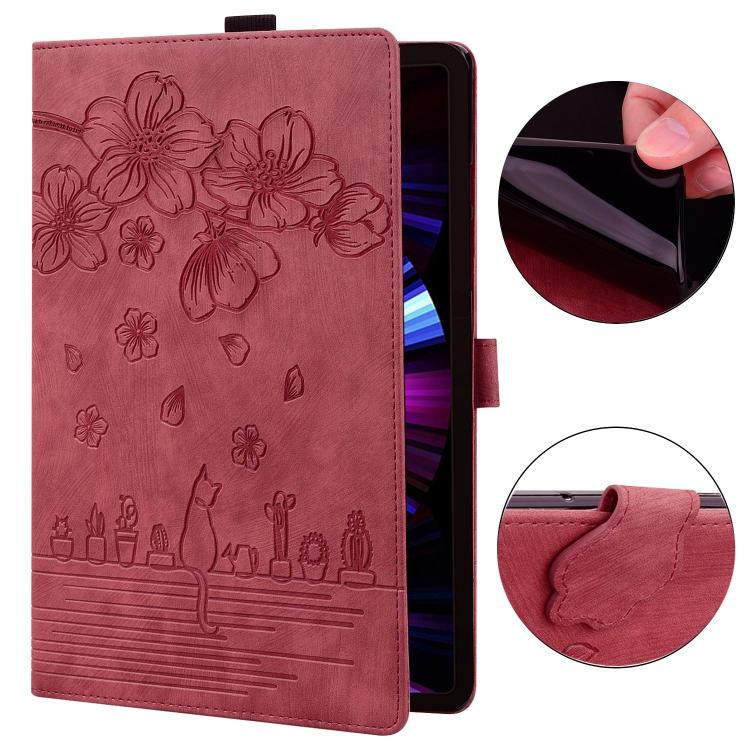 Funda de cuero con relieve de gato Sakura para Xiaomi Redmi K Pad (roja)