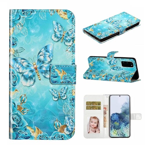 Funda de Cuero para Samsung Galaxy S20 con Dibujo 3D en Relieve al Óleo (Mariposas Azules)