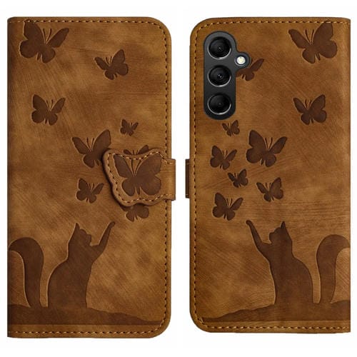 Funda de Cuero Samsung Galaxy A05S Butterfly Cat Embossing Flip para Teléfono (Marrón)