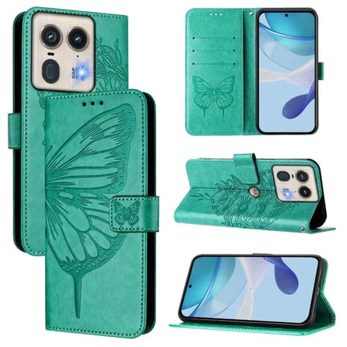 Funda de Cuero Motorola Edge 50 5G con Diseño de Mariposa en Relieve (Verde)